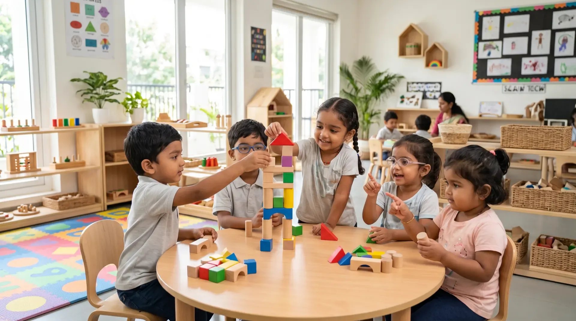Children building a tower of wooden blocks around a round table