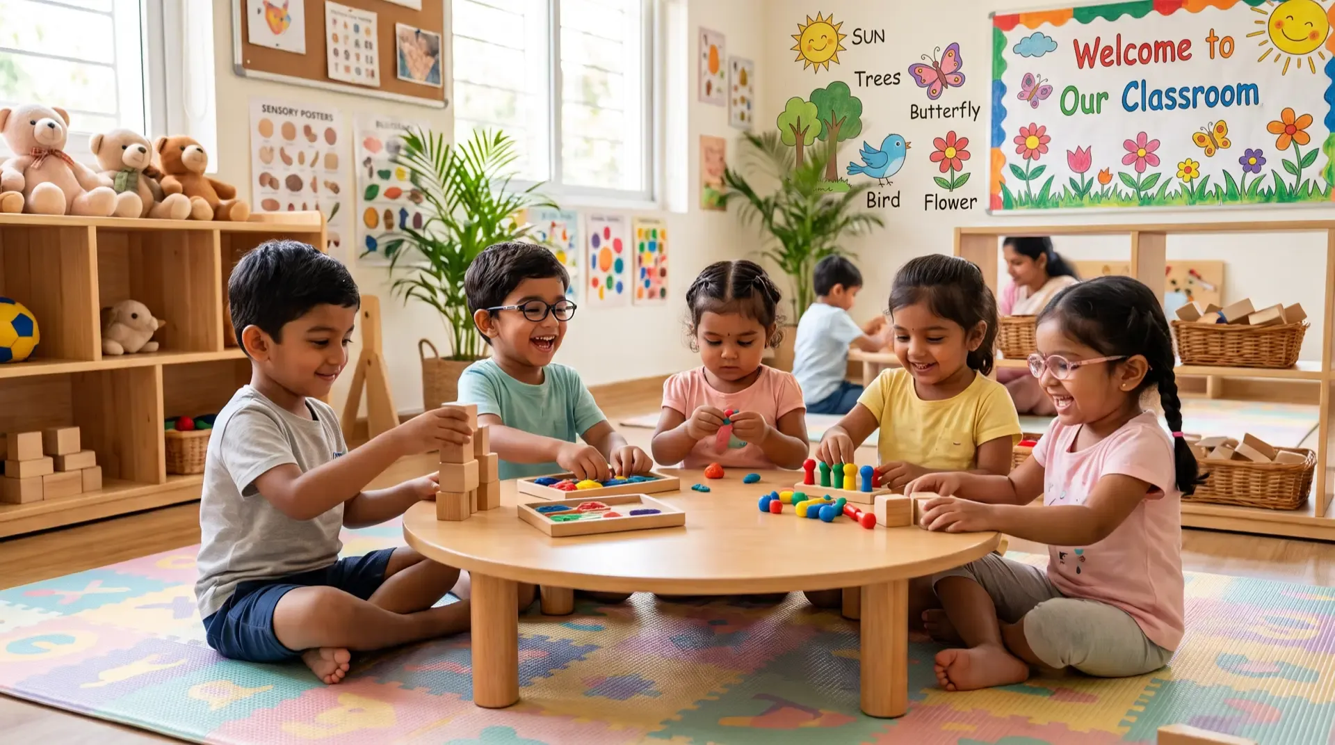 Children playing with wooden toys at a low table in a bright classroom