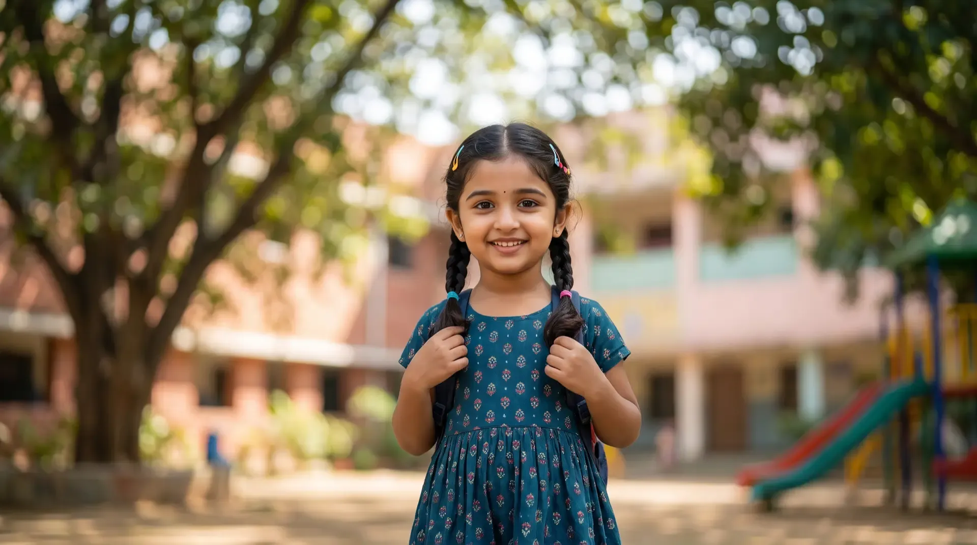 A smiling girl in a blue dress with braided hair stands in the school courtyard