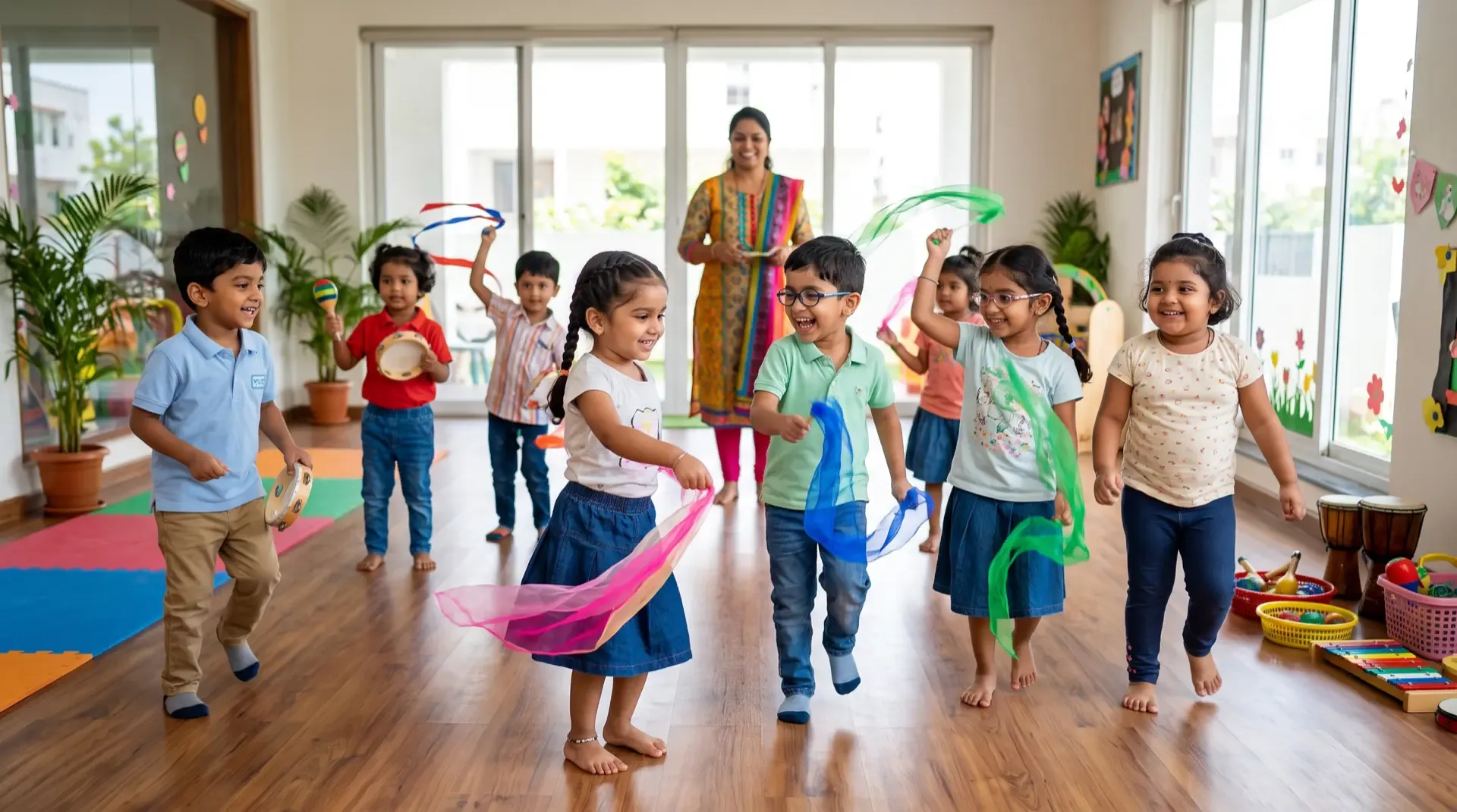 Children dancing with colourful ribbons while their teacher watches